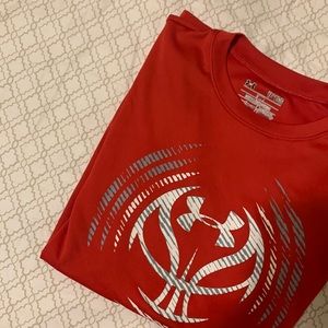 Kids Red Basketball Themed Under-armor Loose Fit Heat Gear Athletic Shirt